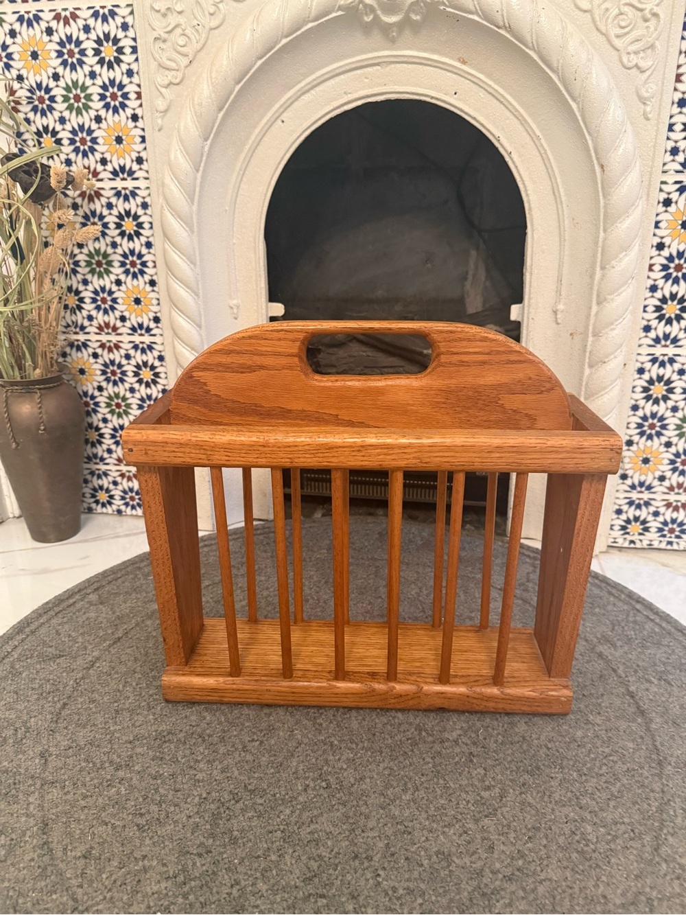 Vtg Solid Oak Handmade Magazine Book Newspaper Rack Basket Farmhouse Rustic